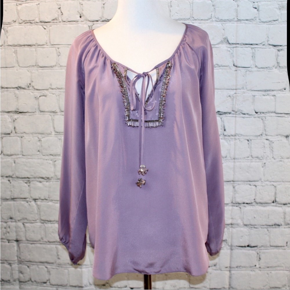 Rebecca Taylor Lilac Purple Silver Embellished Beaded Silk Tunic Blouse Tassel 2